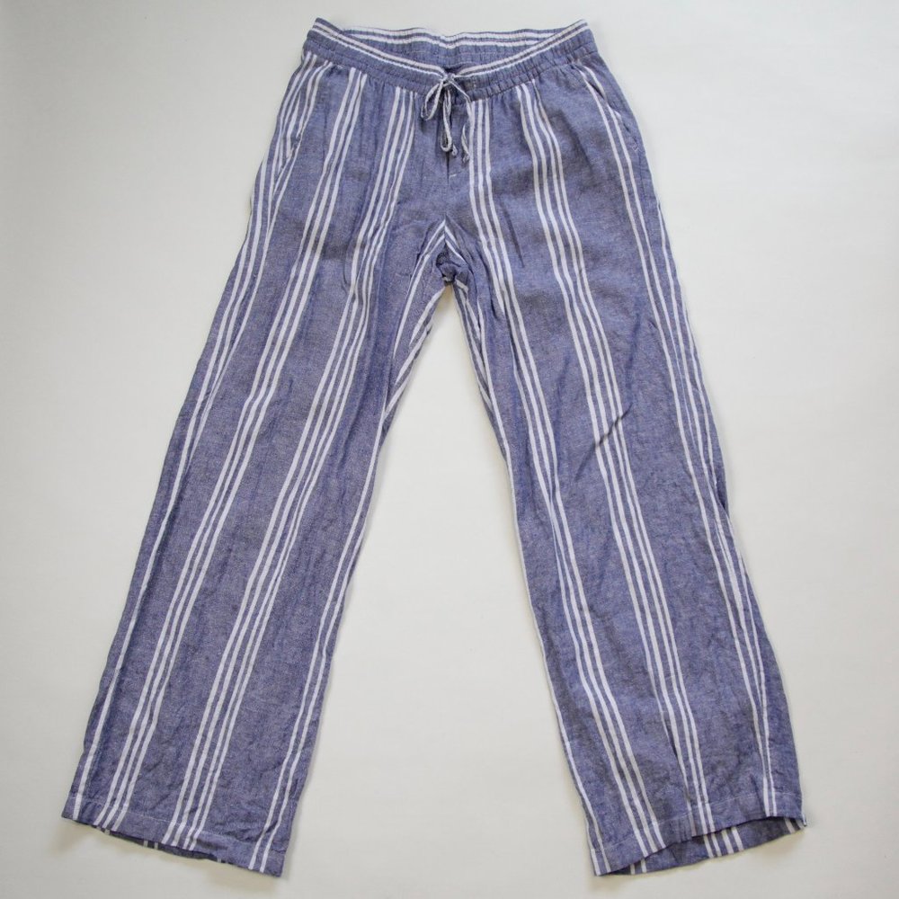Old Navy Blue White Striped High Rise Wide Leg Linen Trousers Pants w Pockets